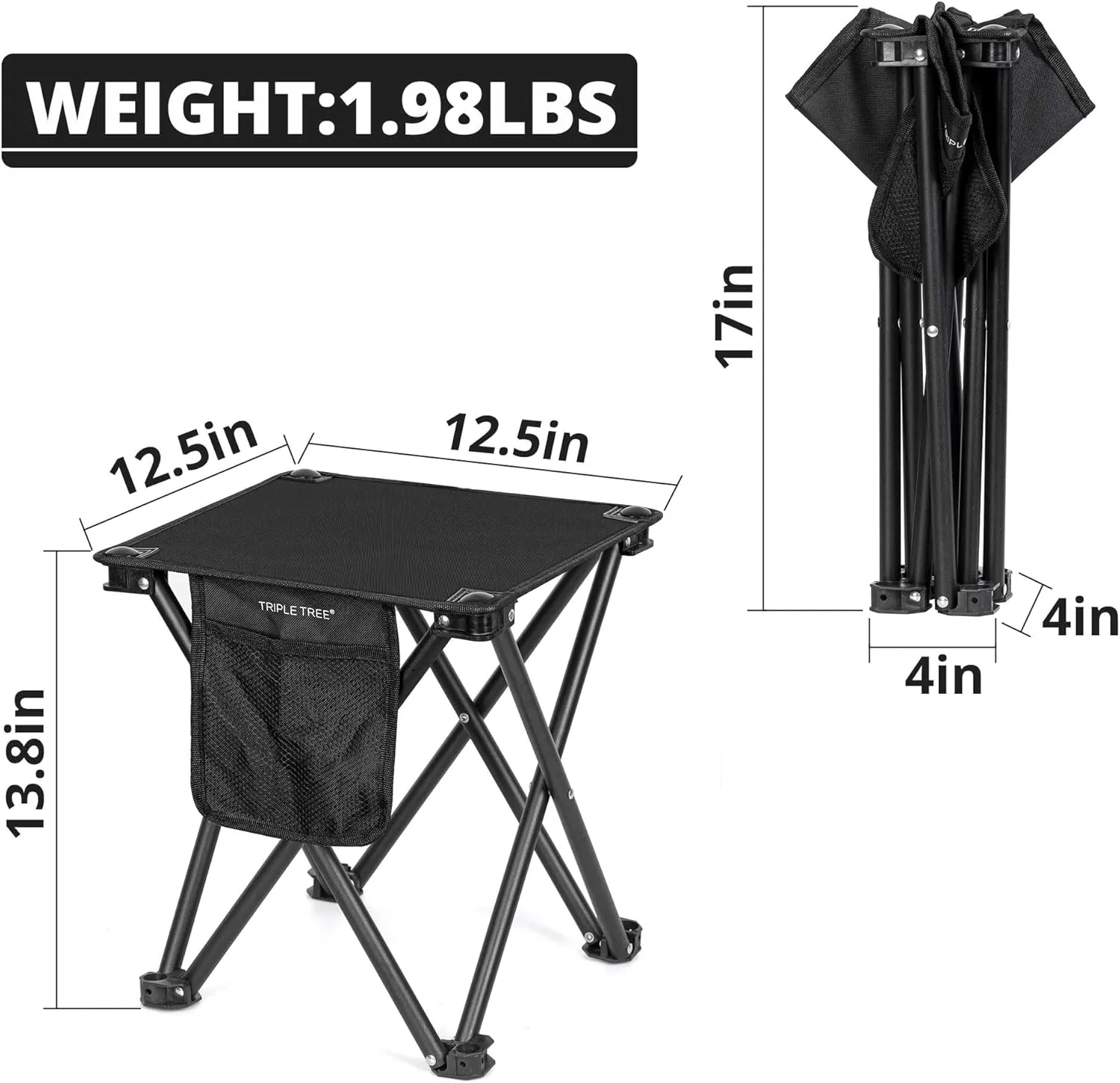 Triple Tree 2 Pack Folding Camping Stool, 13.8 Inch Small Portable Lightweight Stool Seat with Side Pocket and Carry Bag for Travel, Hiking, BBQ, Fishing and Beach, Load Capacity to 400lbs