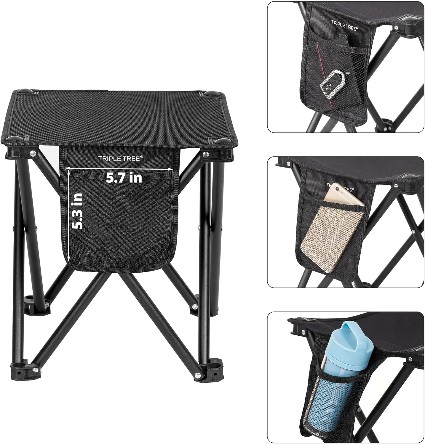 Triple Tree 2 Pack Folding Camping Stool, 13.8 Inch Small Portable Lightweight Stool Seat with Side Pocket and Carry Bag for Travel, Hiking, BBQ, Fishing and Beach, Load Capacity to 400lbs
