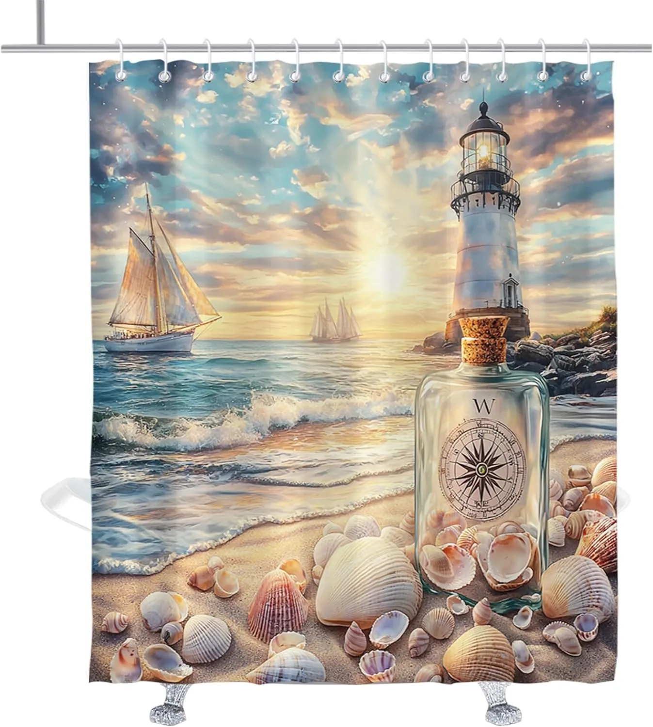 Tropical Ocean Shower Curtain Lighthouse Seashells Summer Shower Curtains Waterproof Beach Bathroom Decor 72 x 84 Inch with Hooks