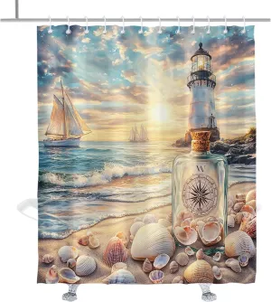 Tropical Ocean Shower Curtain Lighthouse Seashells Summer Shower Curtains Waterproof Beach Bathroom Decor 72 x 84 Inch with Hooks