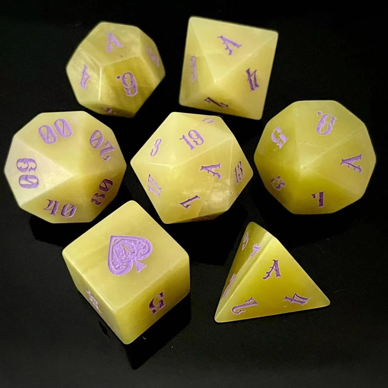 Truewon Yellow Gem Stone Dice Set of 7 Handmade Dice for RPG DND Made by Natural Gemstones. (Lemon Jade)