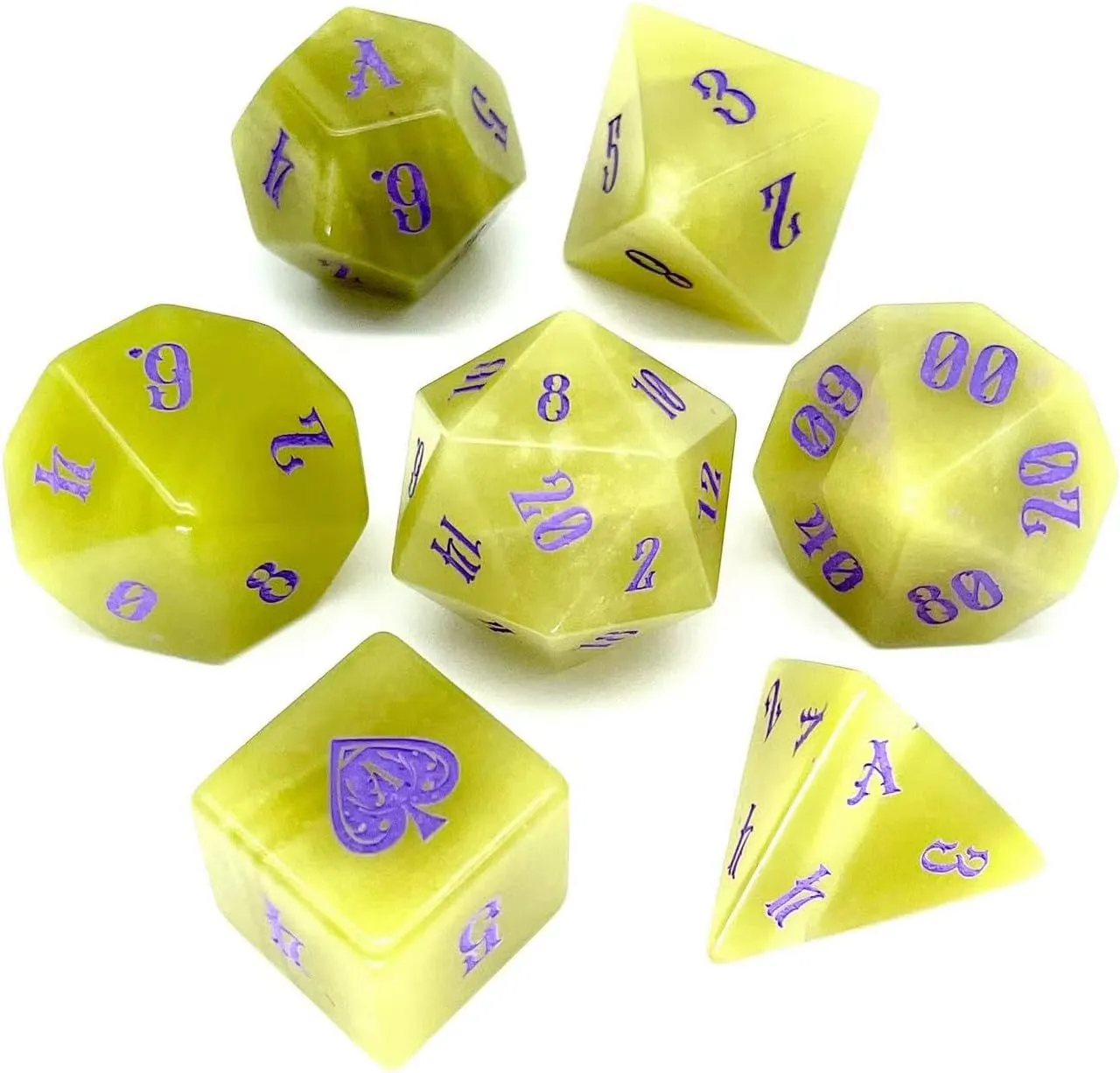 Truewon Yellow Gem Stone Dice Set of 7 Handmade Dice for RPG DND Made by Natural Gemstones. (Lemon Jade)