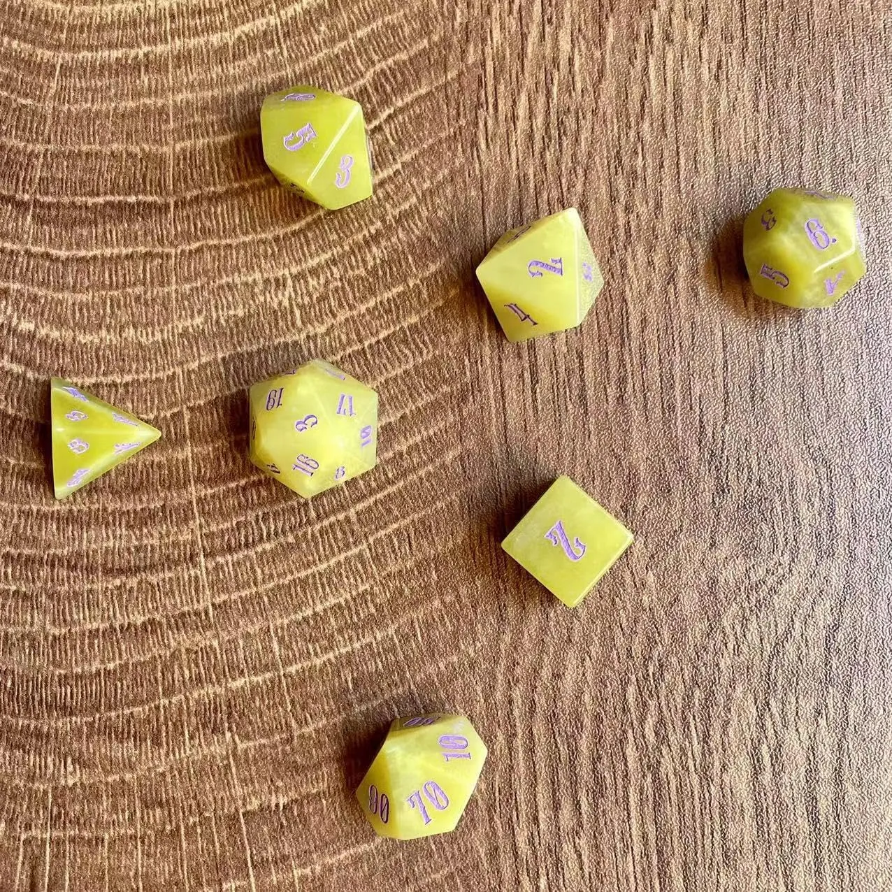 Truewon Yellow Gem Stone Dice Set of 7 Handmade Dice for RPG DND Made by Natural Gemstones. (Lemon Jade)
