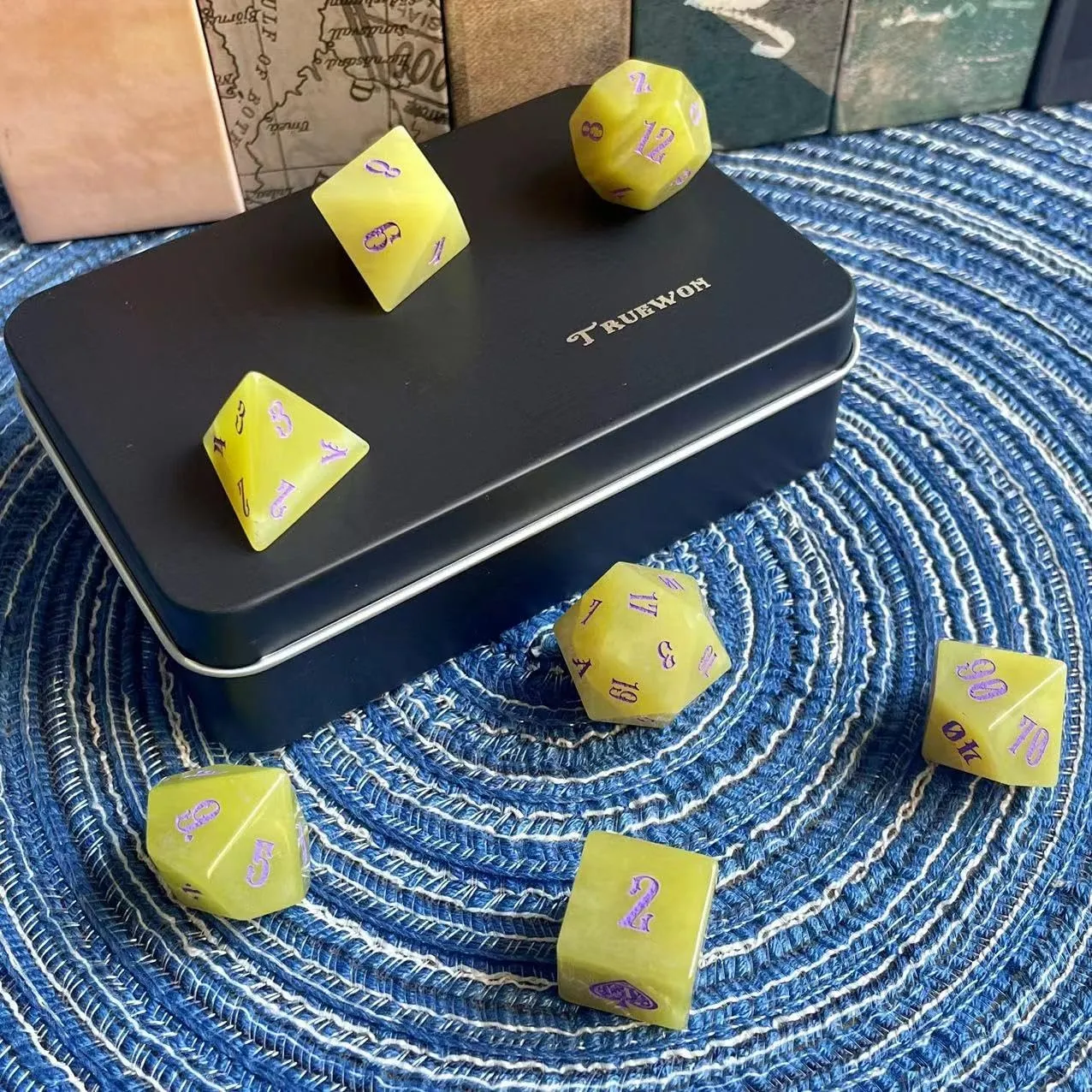 Truewon Yellow Gem Stone Dice Set of 7 Handmade Dice for RPG DND Made by Natural Gemstones. (Lemon Jade)