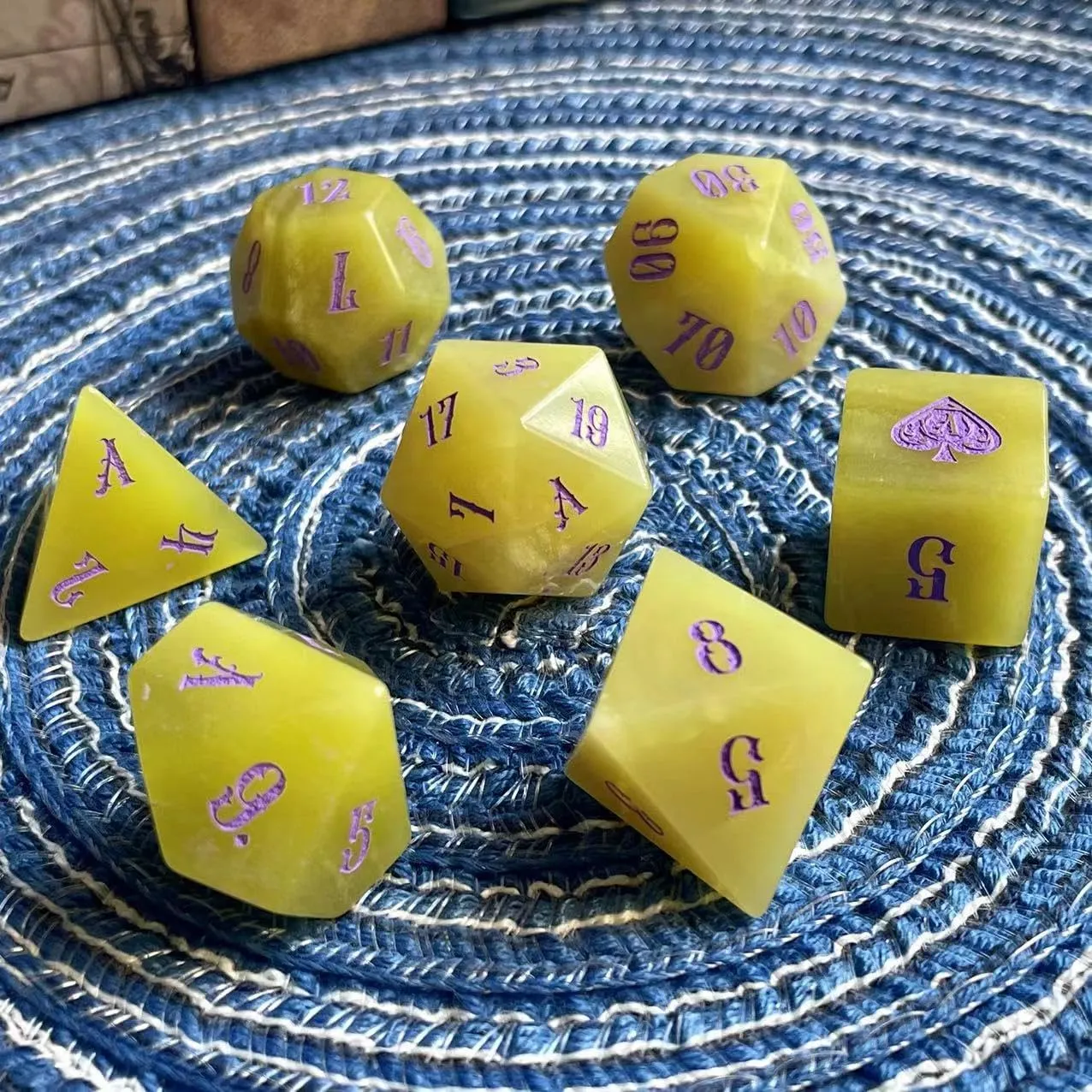Truewon Yellow Gem Stone Dice Set of 7 Handmade Dice for RPG DND Made by Natural Gemstones. (Lemon Jade)