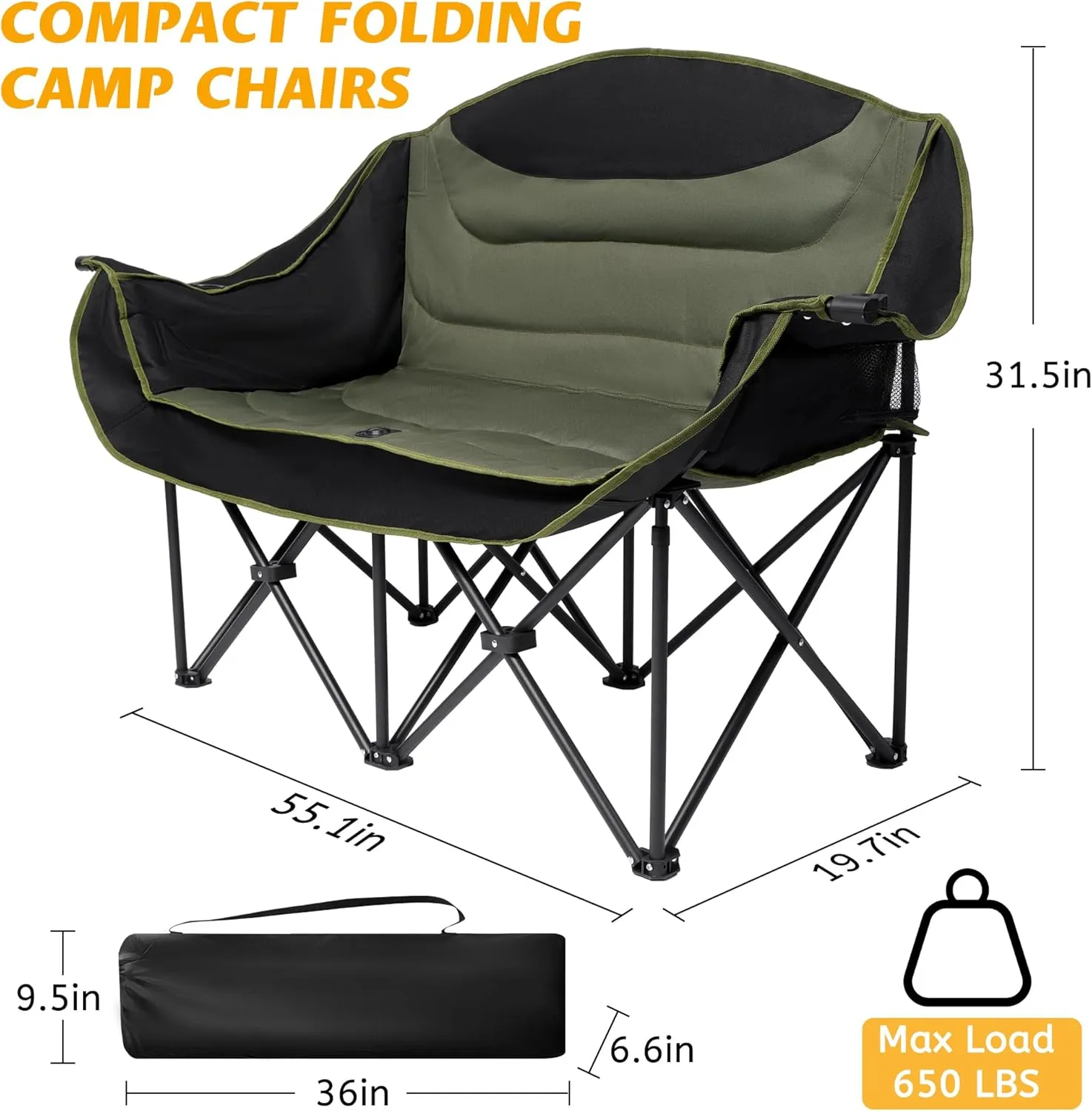 UBALANCE Double Camping Chair - Oversized Two Person Camp Chair with 650 lb. Load Capacity - Army Green - Ideal Camping Gear for Outdoor Adventures