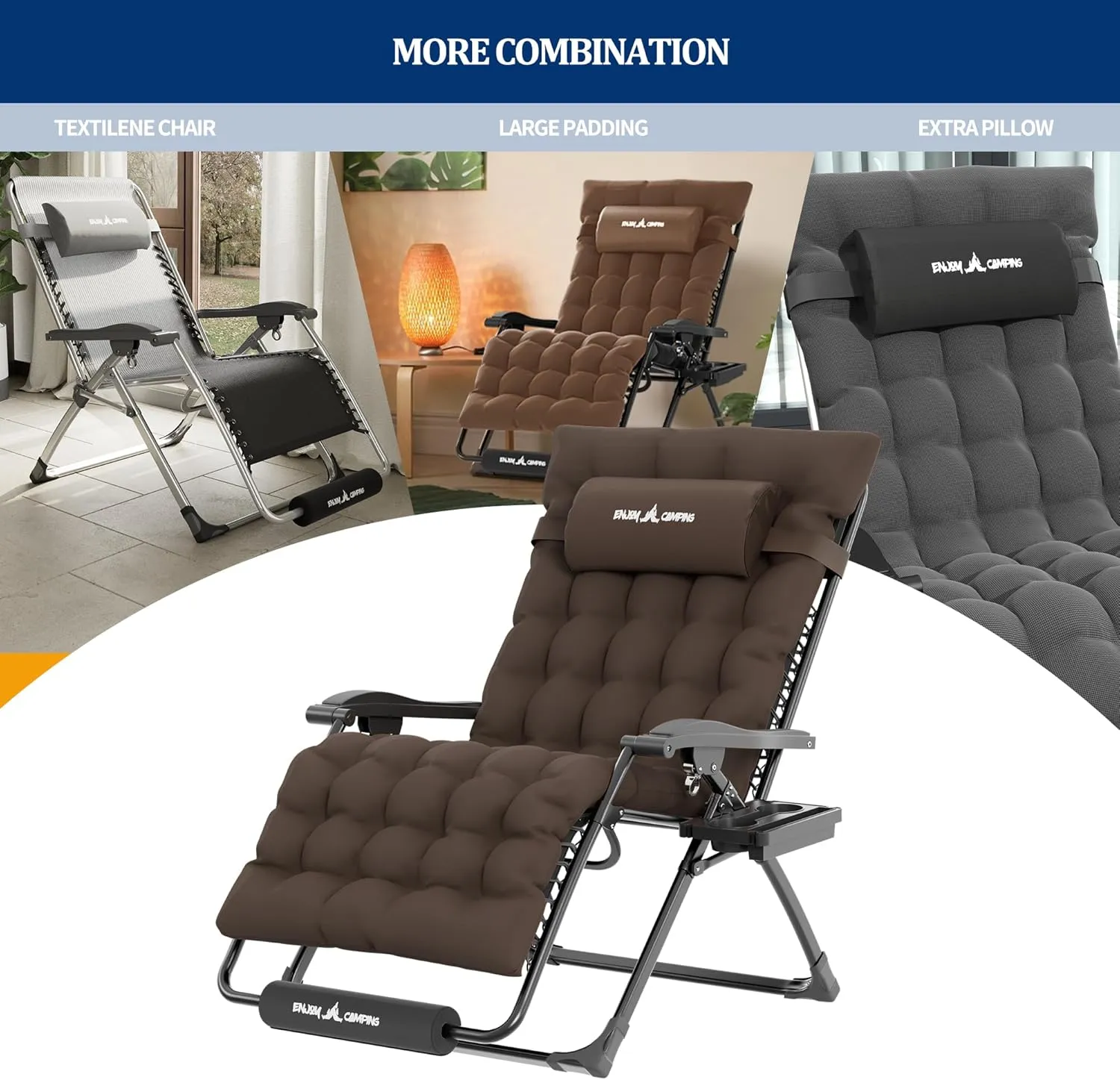 UDPATIO Oversized Zero Gravity Chair, 33In XXL Patio Reclining Chair with Cushion, Outdoor Folding Recliner with Pillows|Cup Holder|Foot Rest|Padded Headrest, Brown Grey, Support 500LB