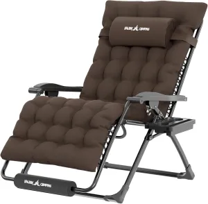 UDPATIO Oversized Zero Gravity Chair, 33In XXL Patio Reclining Chair with Cushion, Outdoor Folding Recliner with Pillows|Cup Holder|Foot Rest|Padded Headrest, Brown Grey, Support 500LB