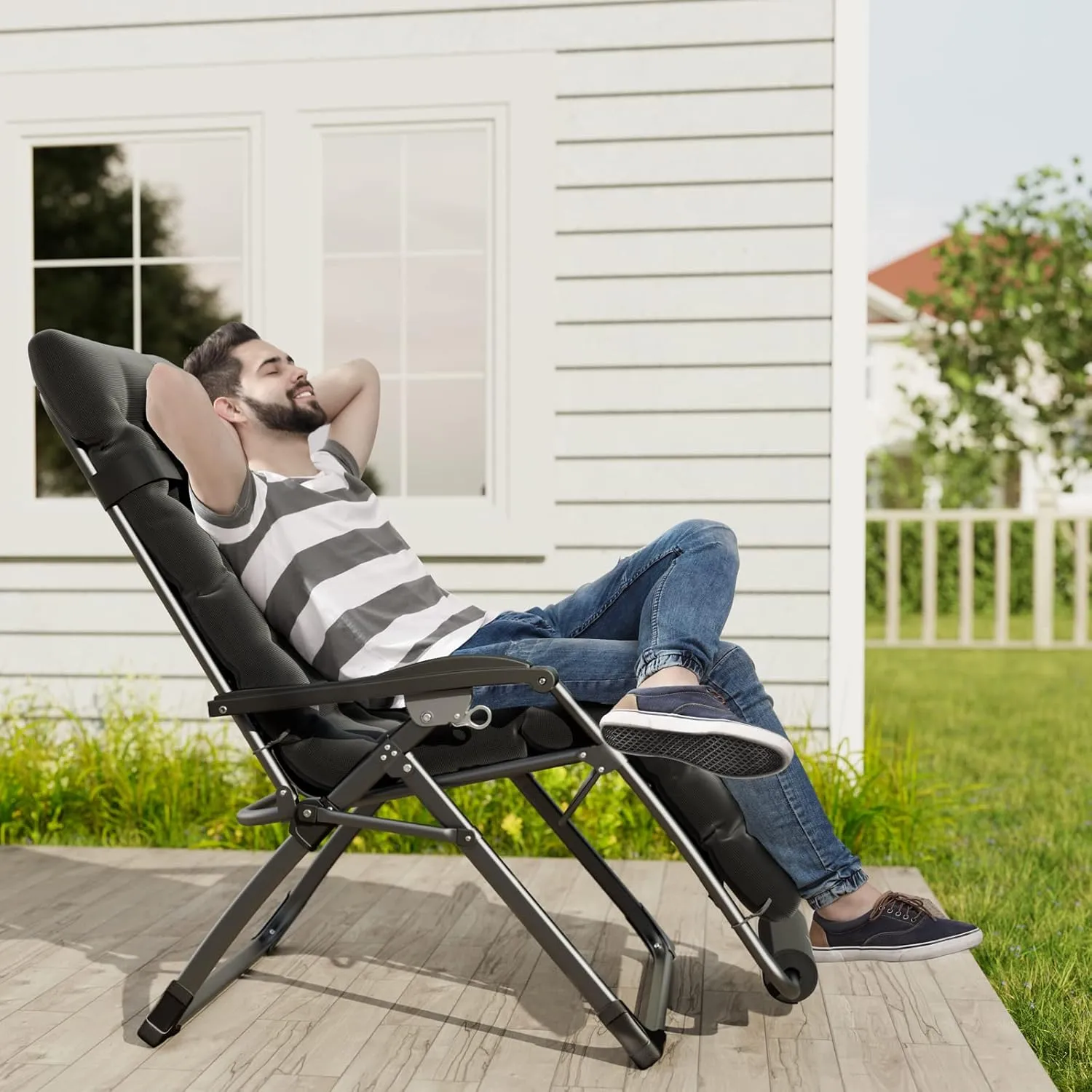 UDPATIO Oversized Zero Gravity Chair, 33In XXL Patio Reclining Chair with Cushion, Outdoor Folding Recliner with Pillows|Cup Holder|Foot Rest|Padded Headrest, Brown Grey, Support 500LB