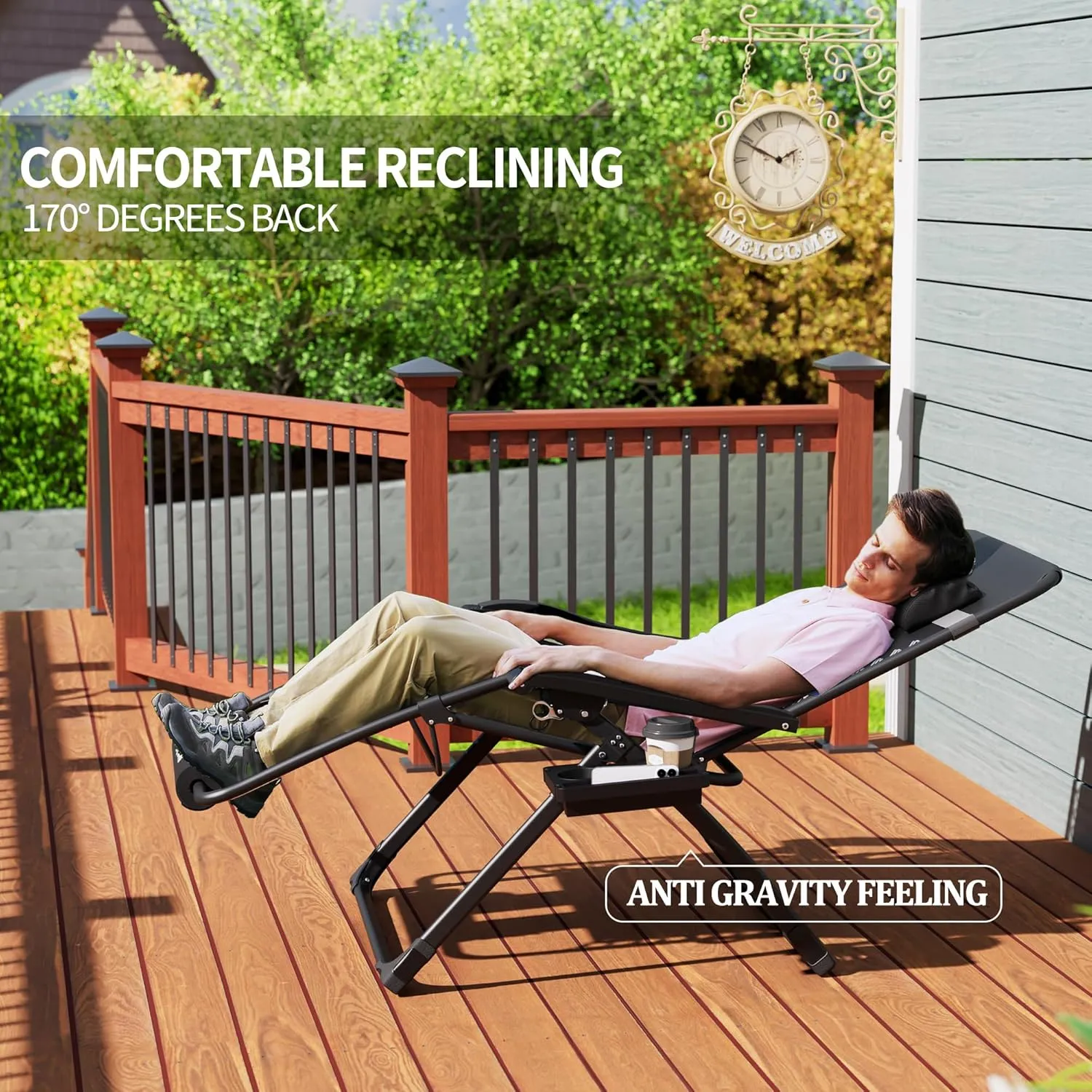 UDPATIO Oversized Zero Gravity Chair, 33In XXL Patio Reclining Chair with Cushion, Outdoor Folding Recliner with Pillows|Cup Holder|Foot Rest|Padded Headrest, Dark Grey, Support 500LB