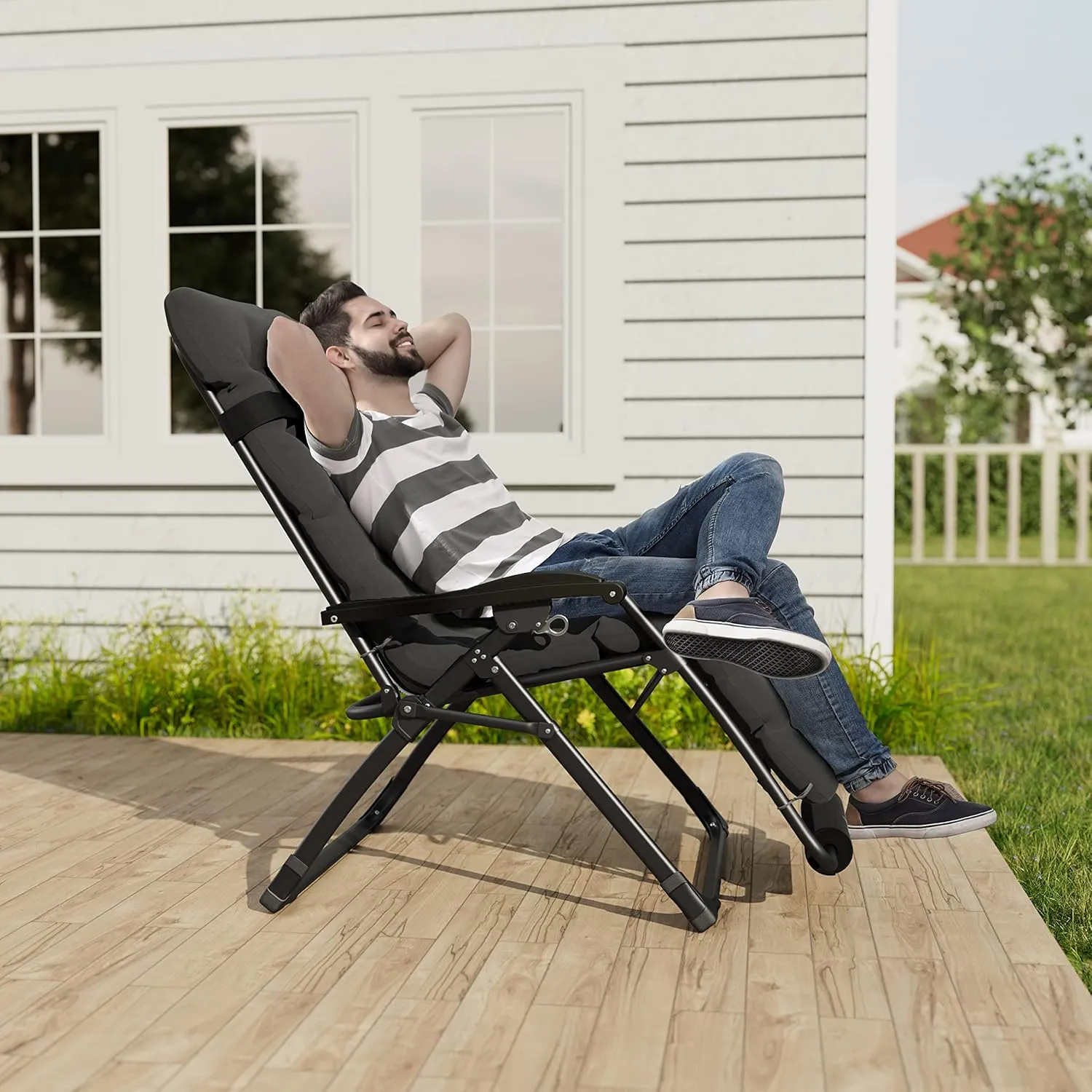 UDPATIO Oversized Zero Gravity Chair, 33In XXL Patio Reclining Chair with Cushion, Outdoor Folding Recliner with Pillows|Cup Holder|Foot Rest|Padded Headrest, Dark Grey, Support 500LB