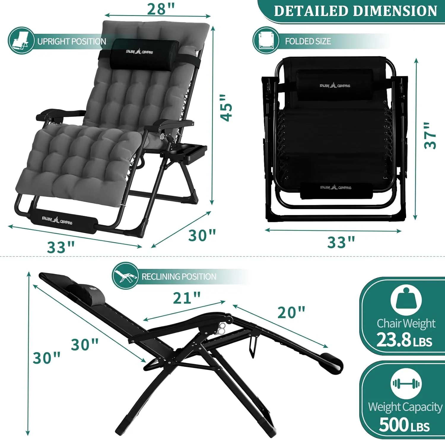 UDPATIO Oversized Zero Gravity Chair, 33In XXL Patio Reclining Chair with Cushion, Outdoor Folding Recliner with Pillows|Cup Holder|Foot Rest|Padded Headrest, Dark Grey, Support 500LB