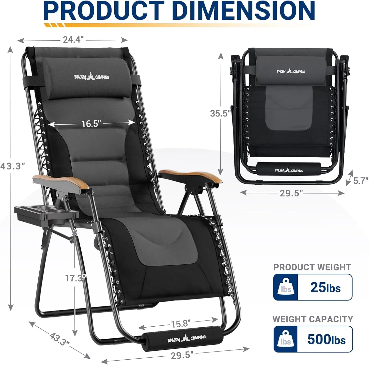 UDPATIO Zero Gravity Chair 30In XL Oversized Outdoor Anti Gravity Chairs Patio Lounge Folding Adjustable Chair with Cup Holder, Foot Pad & Padded Headrest, Supports 500lbs (Grey)