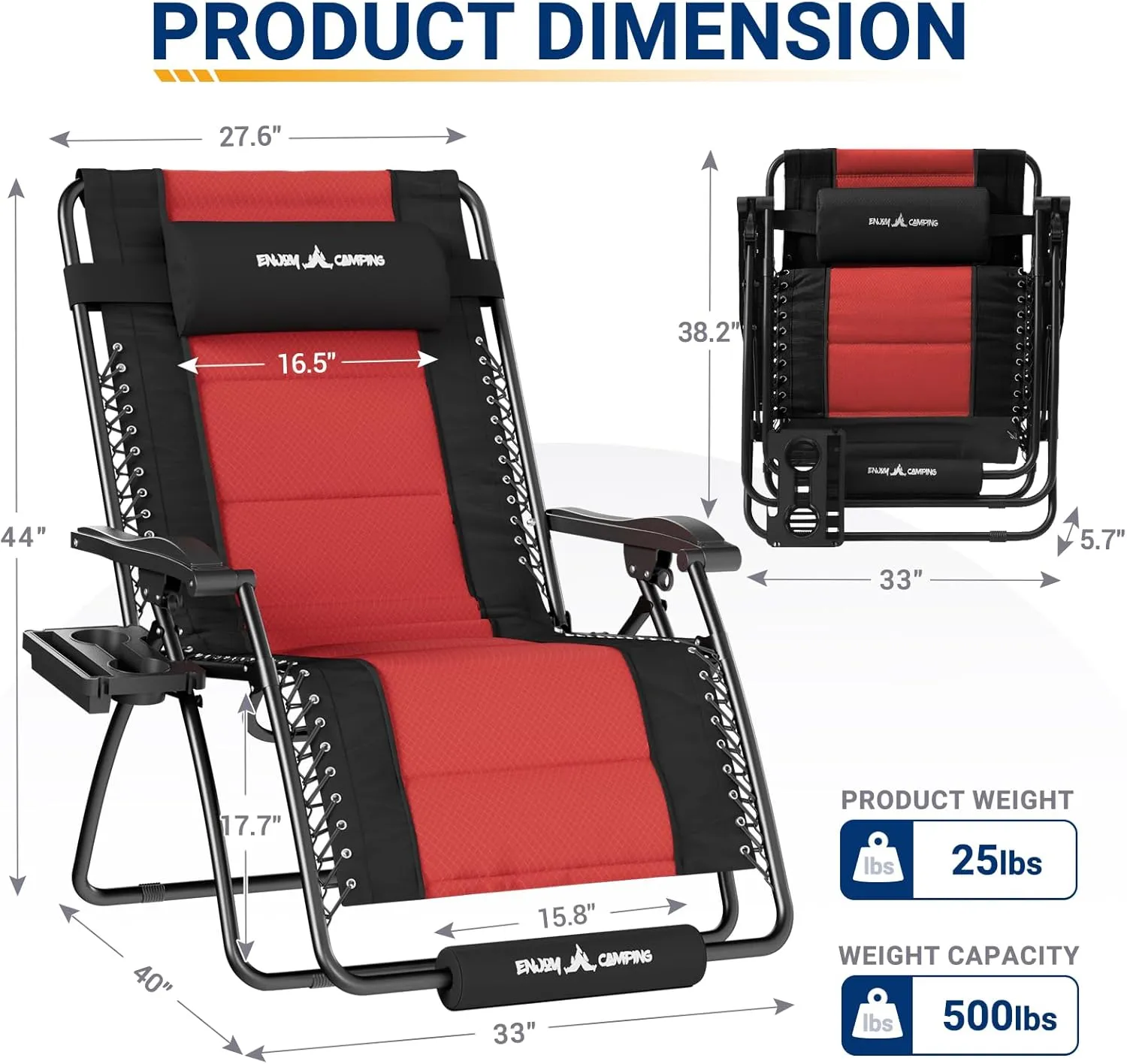 UDPATIO Zero Gravity Chair 33In Oversized XXL Patio Anti Gravity Chairs Outdoor Lounge Folding Adjustable Recliner with Cup Holder, Foot Rest & Padded Headrest,Burgundy, Support 500lbs