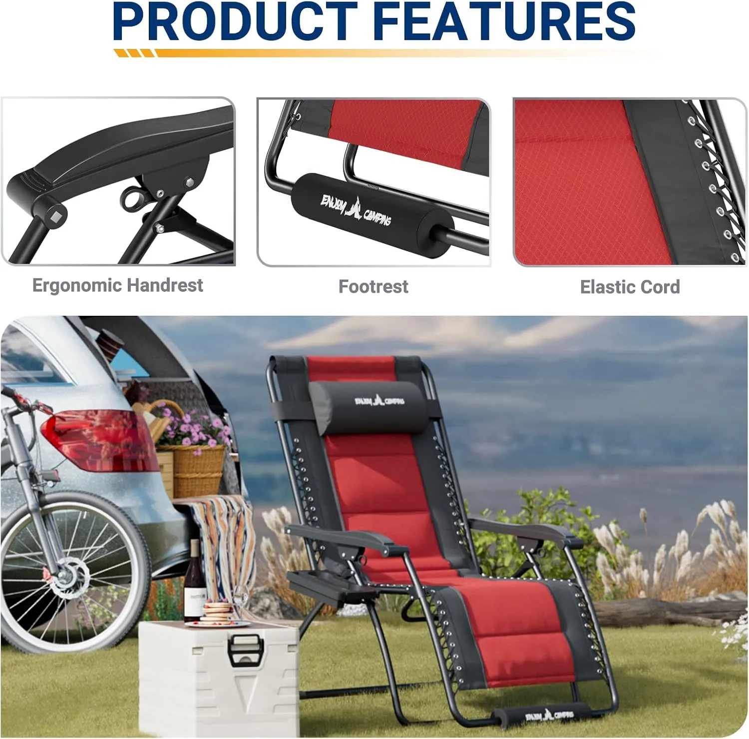 UDPATIO Zero Gravity Chair 33In Oversized XXL Patio Anti Gravity Chairs Outdoor Lounge Folding Adjustable Recliner with Cup Holder, Foot Rest & Padded Headrest,Burgundy, Support 500lbs