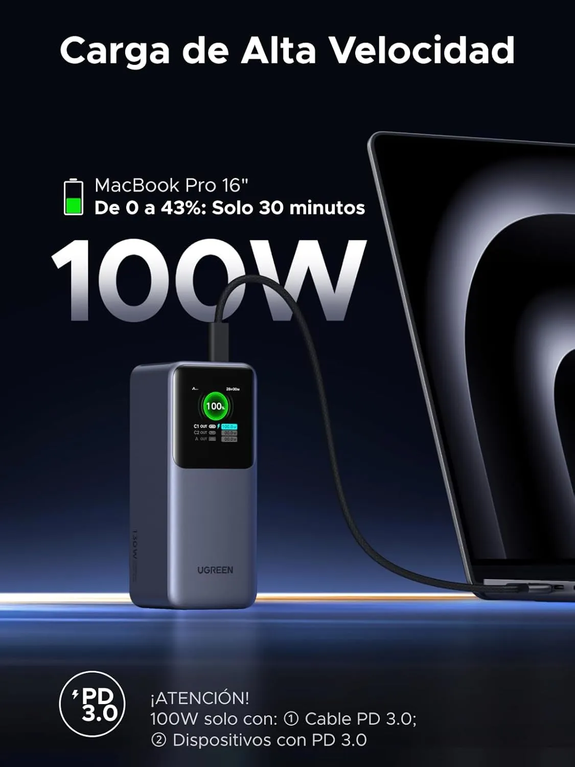 UGREEN Nexode Power Bank 20000mAh 130W Portable Charger 72Wh PD Fast Charging 3-Port USB C Battery Pack with TFT Smart Display for MacBook/iPad/iPhone 16/Samsung S24 and More