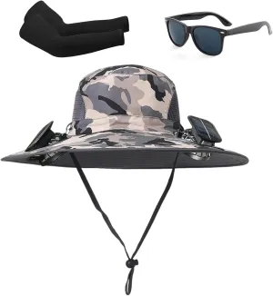 Ultralight Hat with Fans Solar Power, Outdoor Wide Brim Sun Hat with 2 Solar Fan, Removable USB Charging Fan