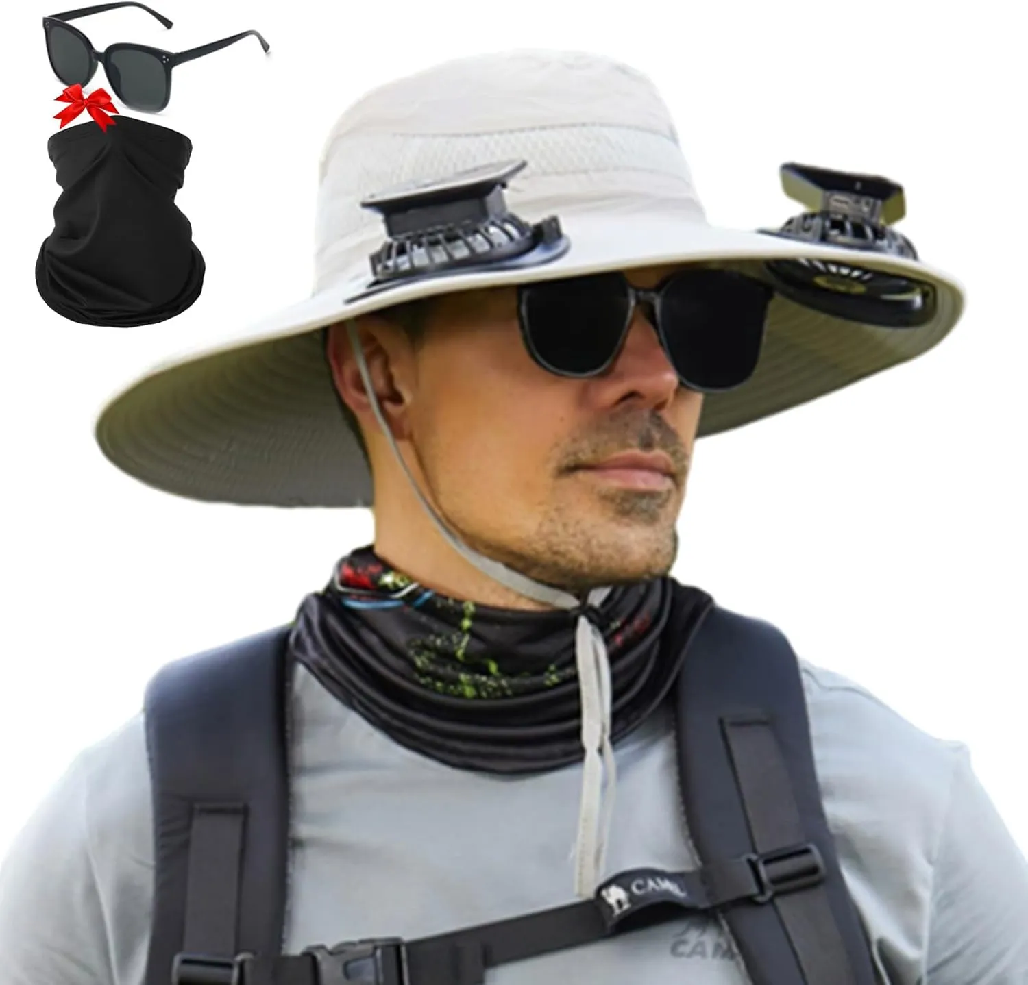 Ultralight Solar Fan Sun Hat, Outdoor Wide Brim Sun Hat with 2 Solar Fan, UPF 50  Waterproof Removable, Solar & USB Charging