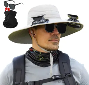 Ultralight Solar Fan Sun Hat, Outdoor Wide Brim Sun Hat with 2 Solar Fan, UPF 50  Waterproof Removable, Solar & USB Charging