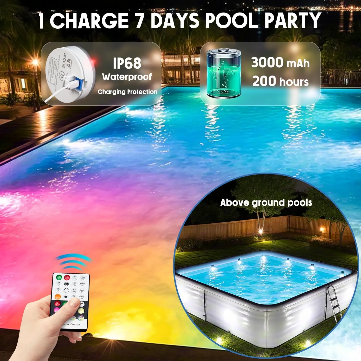 Underwater Pool Lights for Above Ground Pools and Inground Swimming Pools with Remote Timer Off, Magnet RGB Submersible LED Lights Rechargeable Spotlight 16 Colors 9-mode for Hot Tubs, Fountain -2Pack