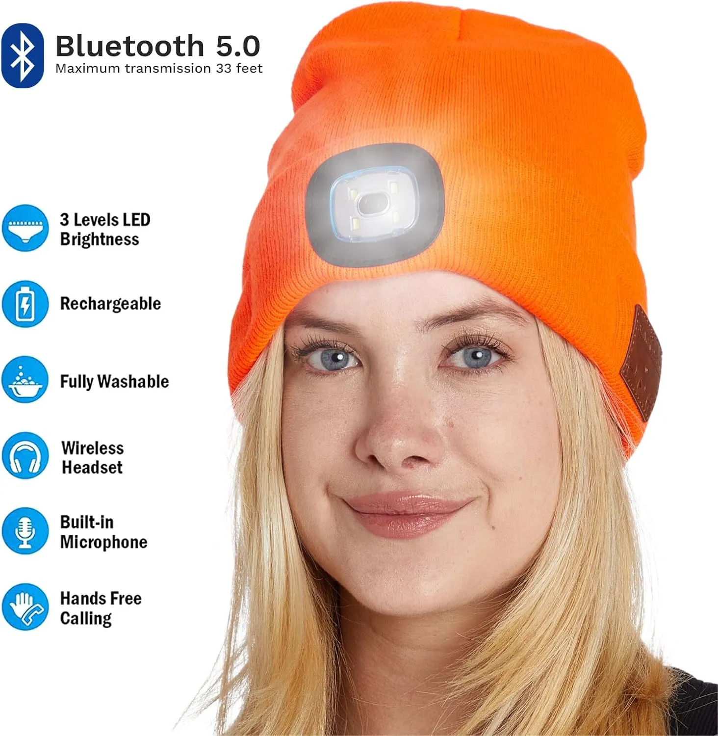 Unisex LED Bluetooth Beanie - LED Headlight and Wireless Stereo Headphones Compatible with All Bluetooth Devices