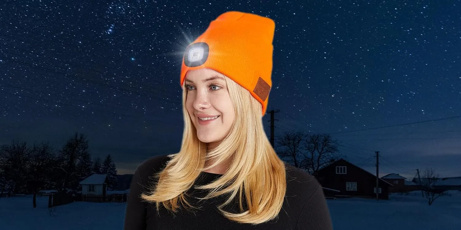 Unisex LED Bluetooth Beanie - LED Headlight and Wireless Stereo Headphones Compatible with All Bluetooth Devices