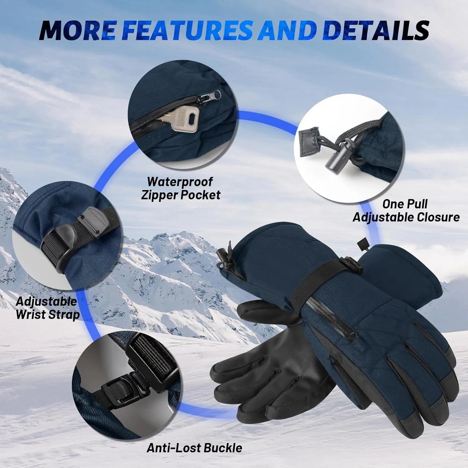 Unisex Waterproof Touchscreen Ski Gloves for Men Women, 3M Thinsulate Winter Snow Gloves with Pocket