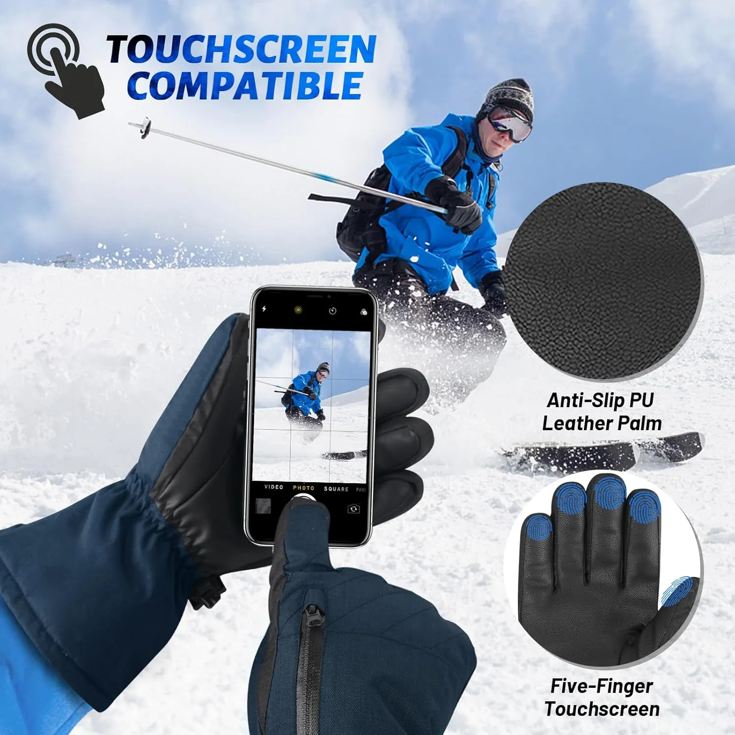Unisex Waterproof Touchscreen Ski Gloves for Men Women, 3M Thinsulate Winter Snow Gloves with Pocket