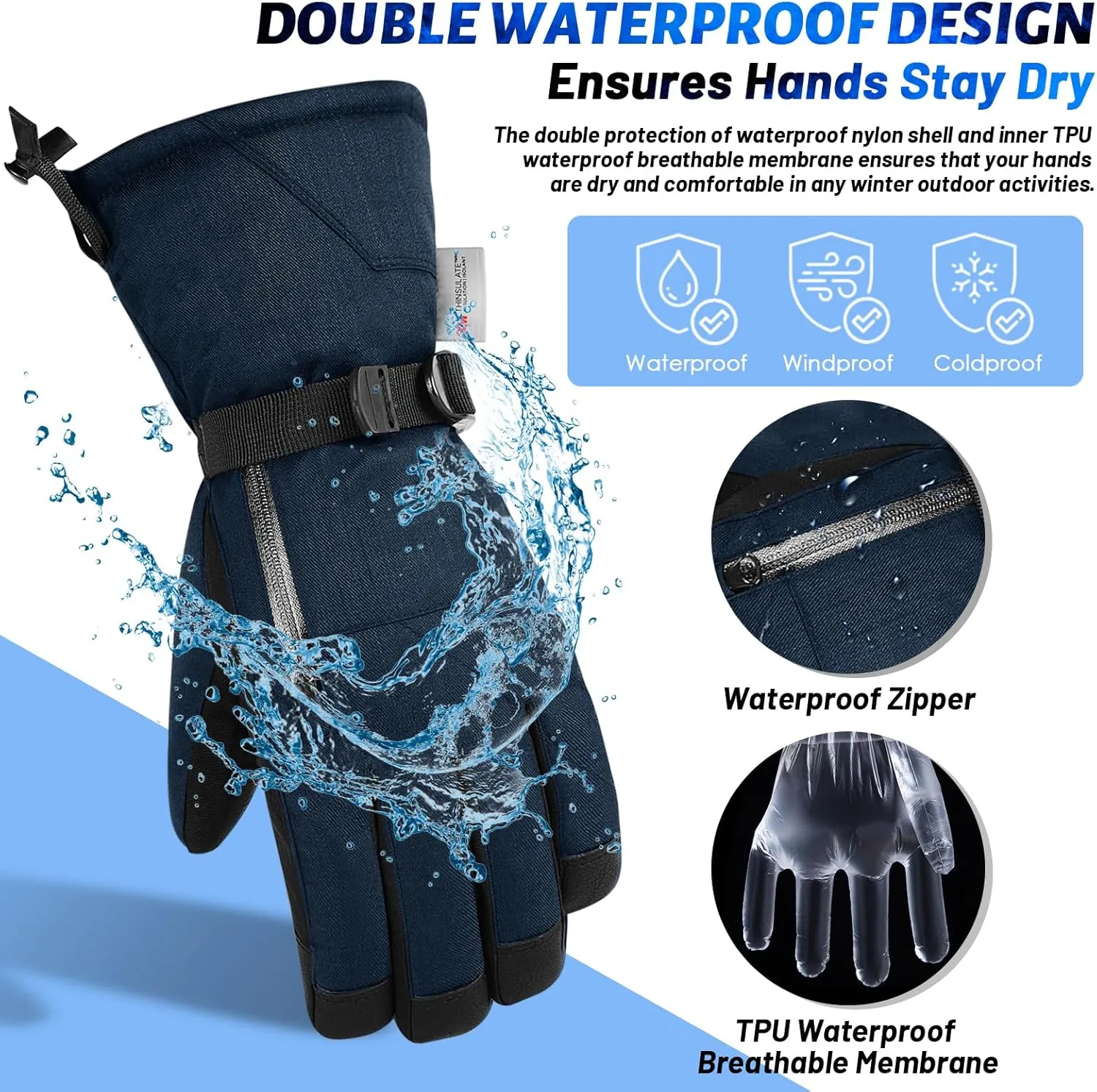 Unisex Waterproof Touchscreen Ski Gloves for Men Women, 3M Thinsulate Winter Snow Gloves with Pocket