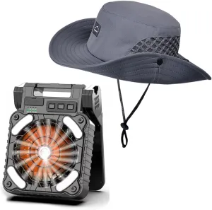UPF50  Fishing Hat Wide Brim Sun Hat for Men Women with 10000mAh Rechargeable Solar Powered Camping Fan