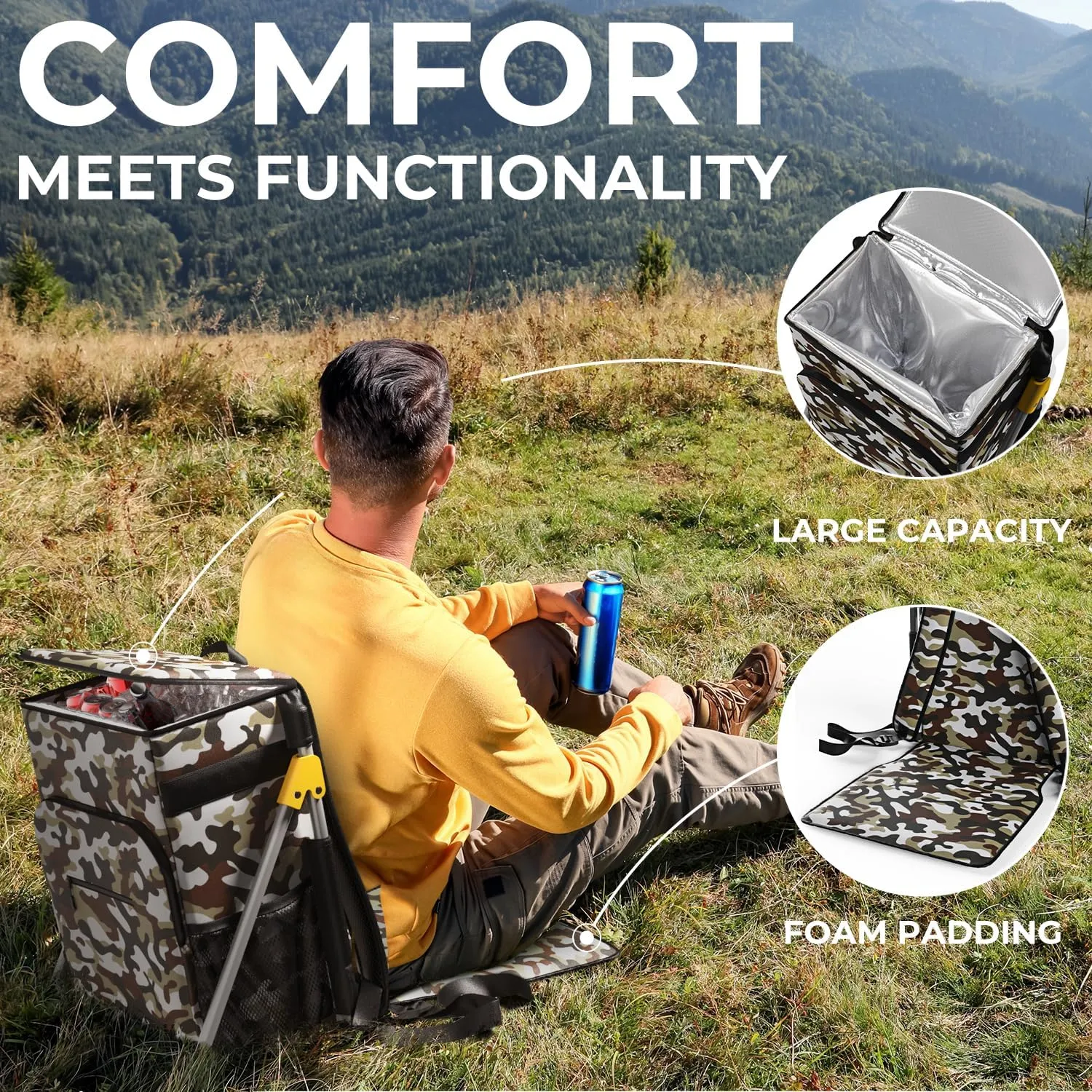 Upgraded Insulated Cooler Backpack Chair, Built-in Folding Chair, 40 Can Capacity, Leakproof Liner for Beach, Picnic, Park, Everlasting Comfort