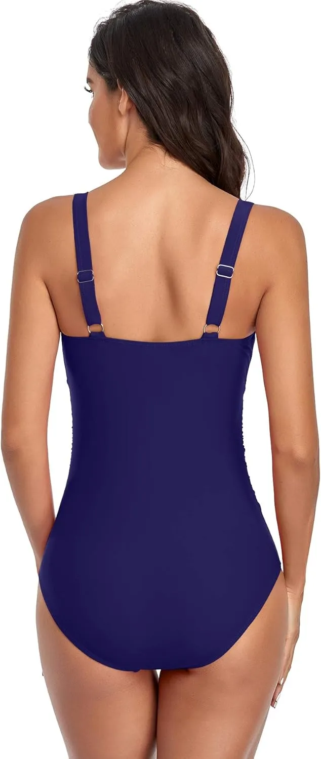 Upopby Women’s One Piece Tummy Control Swimsuit Ruched Slimming Swimwear Padded Scoop Neck Plus Size Bathing Suit Beachwear