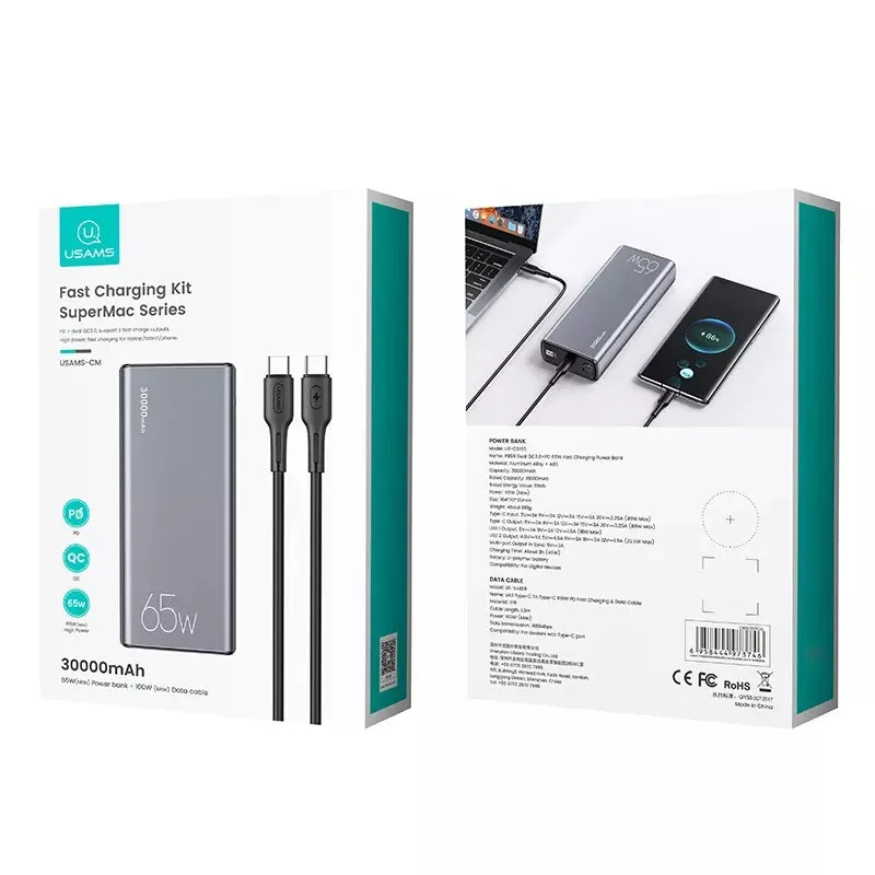 USAMS 30000mAh 65W Fast Charging Power Bank   100W Data Cable