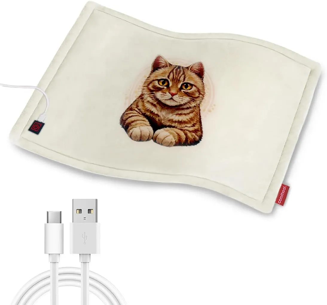 USB Heating Pad, 5V Heated Travel Pads for Airplane, Camping, 3 Heat Settings & Auto Shut Off, Hot Therapy for Pain Relief Abdomen Cramps (16"x 12") (Non-Chargeable) Cat