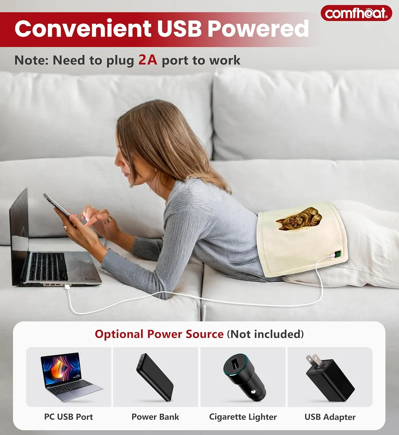 USB Heating Pad, 5V Heated Travel Pads for Airplane, Camping, 3 Heat Settings & Auto Shut Off, Hot Therapy for Pain Relief Abdomen Cramps (16"x 12") (Non-Chargeable) Cat