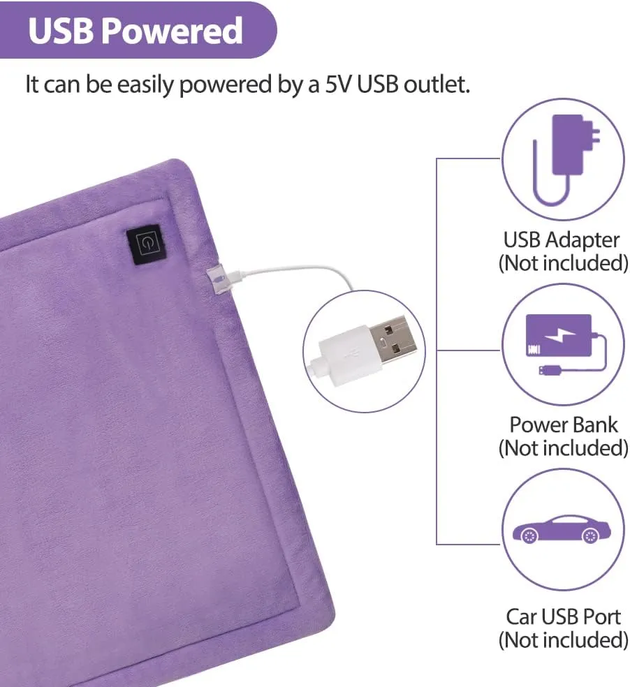USB Heating Pad, 5V Portable Heated Travel Blanket Pads Small, Heat Settings & Auto Shut Off, Moist & Dry Hot Therapy for Pain Relief Abdomen Cramps (16"x 12") (No Battery) - Purple