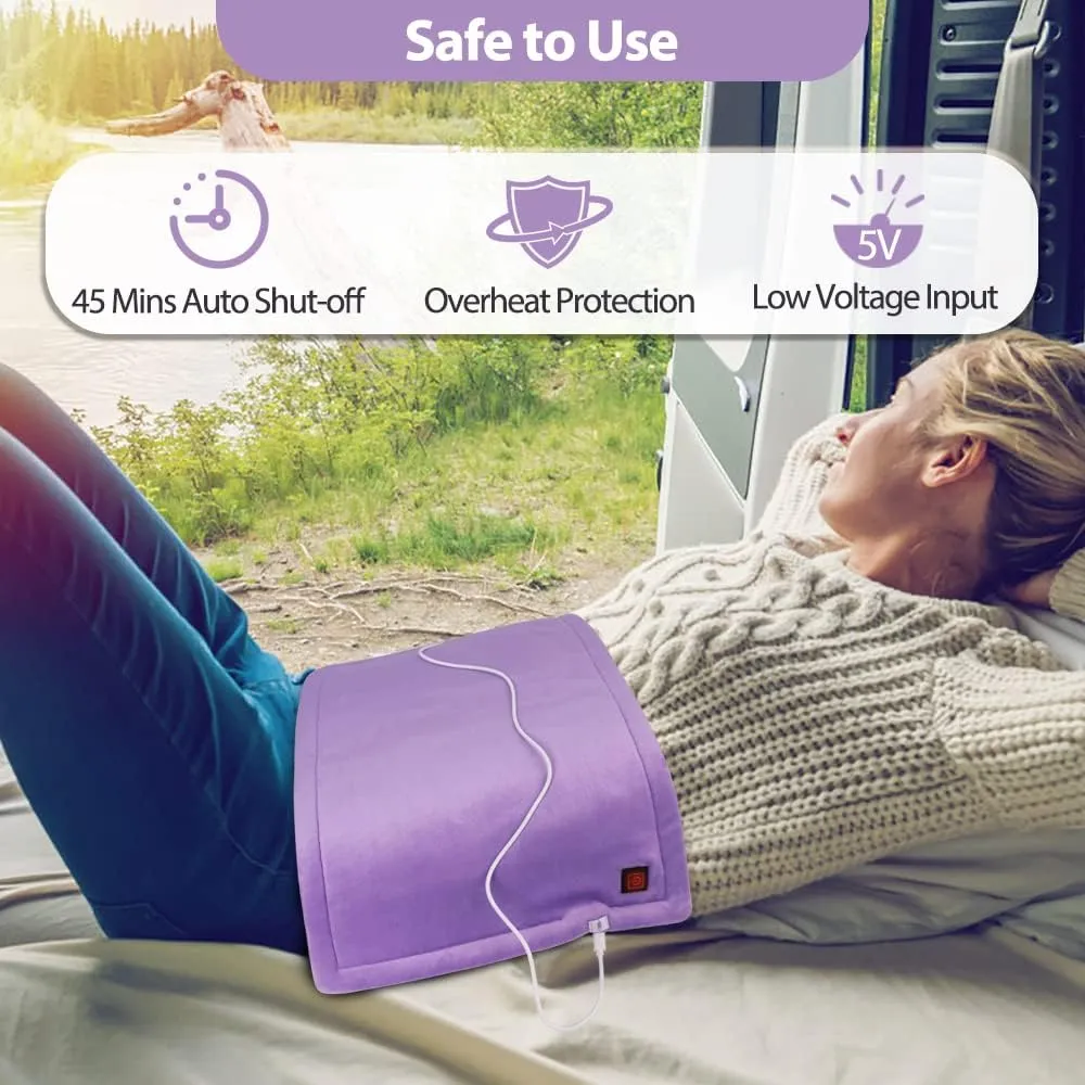 USB Heating Pad, 5V Portable Heated Travel Blanket Pads Small, Heat Settings & Auto Shut Off, Moist & Dry Hot Therapy for Pain Relief Abdomen Cramps (16"x 12") (No Battery) - Purple