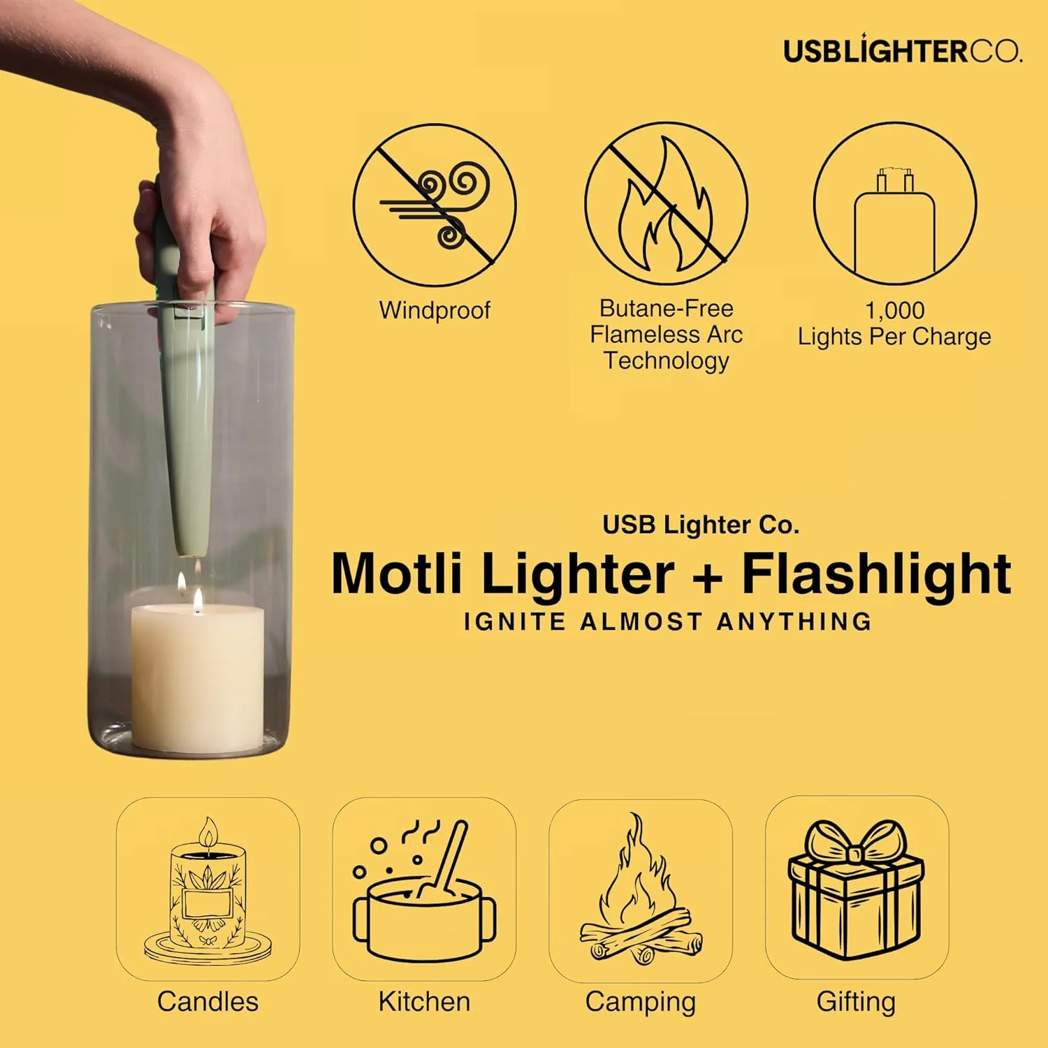 USB Lighter Co. MOTLI Windproof Rechargeable Electric arc Lighter and LED Flashlight in Portable Enclosure Ideal for Candles, Camping, Grilling, Holidays, and Parties