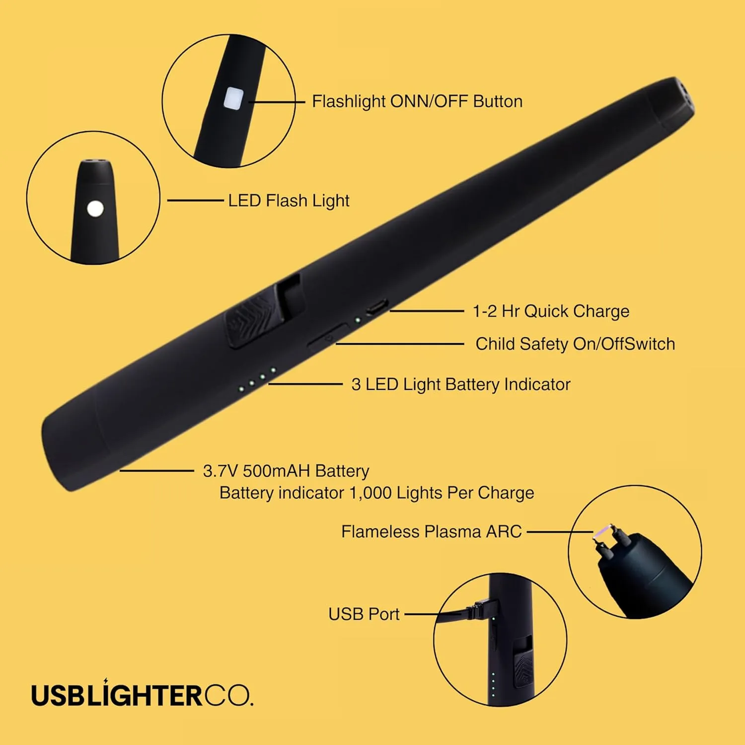 USB Lighter Co. MOTLI Windproof Rechargeable Electric arc Lighter and LED Flashlight in Portable Enclosure Ideal for Candles, Camping, Grilling, Holidays, and Parties