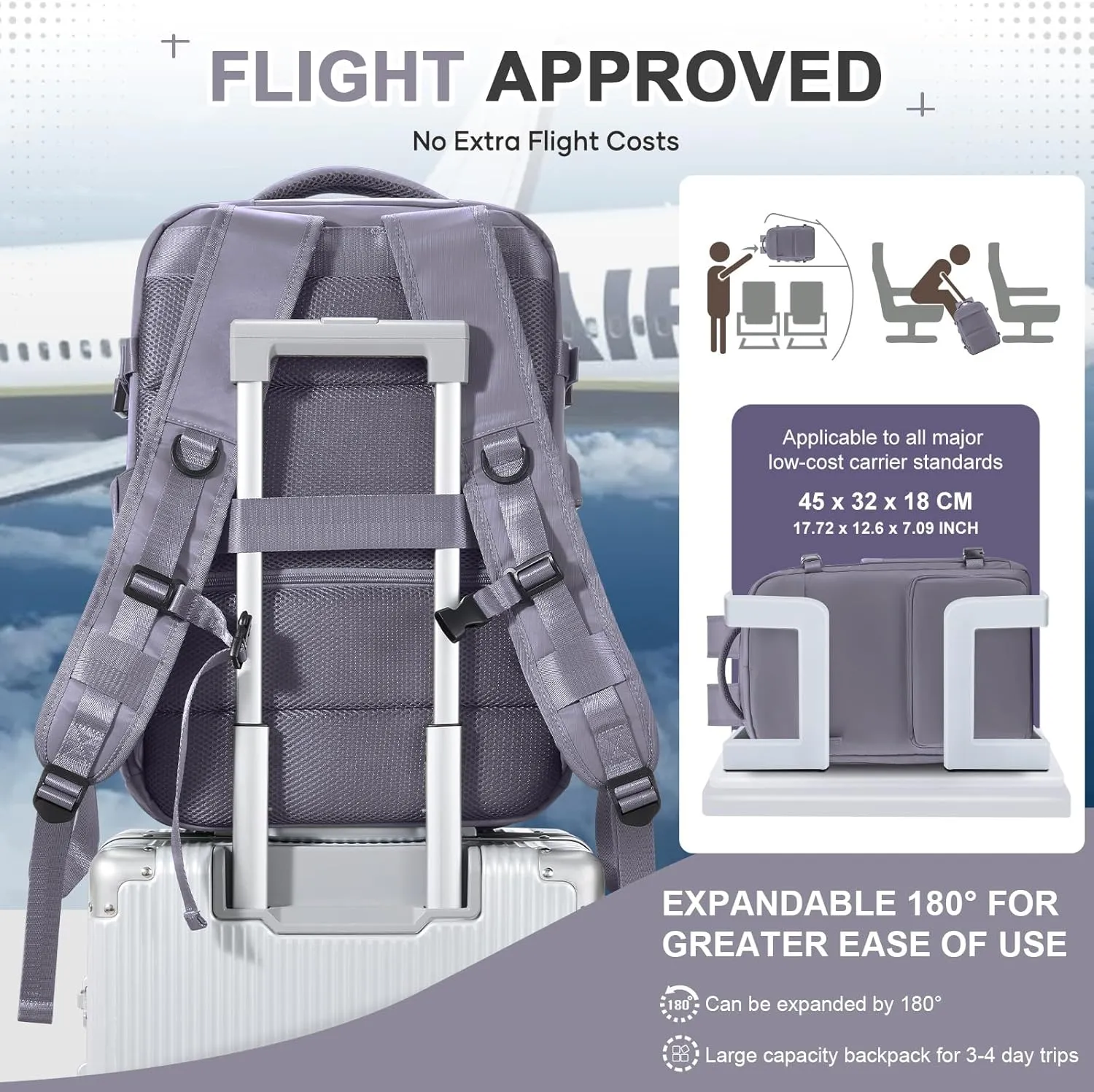 Vacuum Backpack Travel Backpack with Compression, Men Women Vacuum Backpacks with Air Pump, Carry on Bag Flight Approved Personal Item Size - Purple