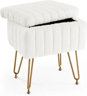 Vanity Stool Chair with Storage, Soft Padded Faux Fur Makeup Footstool, 4 Metal Legs with Adjustable Feet, Modern Design, White