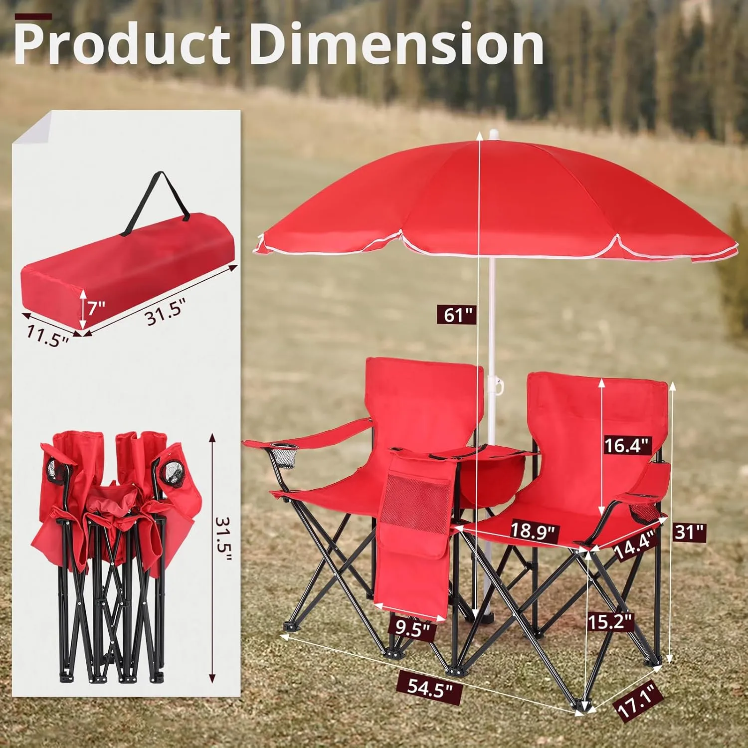 Vasitelan Double Camping Chair with Umbrella, Folding Loveseat Chairs w/Canopy Shade, Carrying Bag, Table, Cup Holder, Portable Beach Chairs Outdoor Picnic Patio (Red)