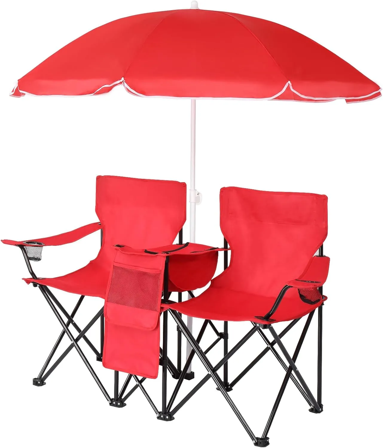 Vasitelan Double Camping Chair with Umbrella, Folding Loveseat Chairs w/Canopy Shade, Carrying Bag, Table, Cup Holder, Portable Beach Chairs Outdoor Picnic Patio (Red)
