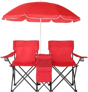 Vasitelan Double Camping Chair with Umbrella, Folding Loveseat Chairs w/Canopy Shade, Carrying Bag, Table, Cup Holder, Portable Beach Chairs Outdoor Picnic Patio (Red)