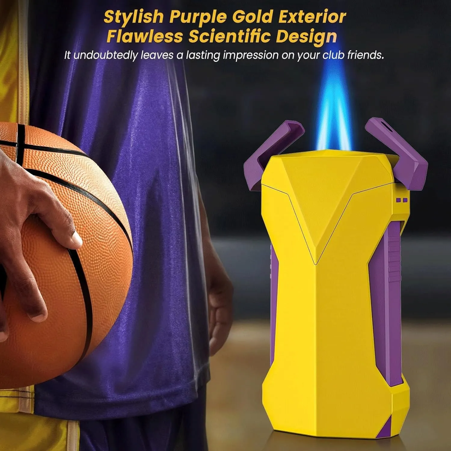 Versatile All-in-one Torch Lighter with Dual Flames, Built-in Hole Punch, Cooling Hole, Fuel Window, refillable Butane Windproof Cool Lighter for Camping, Candles, Outdoor use(Yellow)