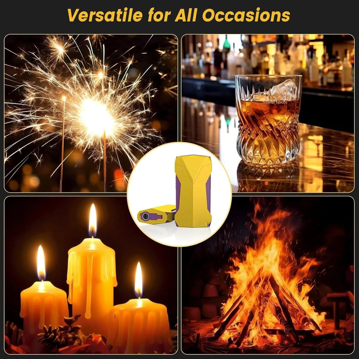 Versatile All-in-one Torch Lighter with Dual Flames, Built-in Hole Punch, Cooling Hole, Fuel Window, refillable Butane Windproof Cool Lighter for Camping, Candles, Outdoor use(Yellow)