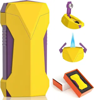 Versatile All-in-one Torch Lighter with Dual Flames, Built-in Hole Punch, Cooling Hole, Fuel Window, refillable Butane Windproof Cool Lighter for Camping, Candles, Outdoor use(Yellow)
