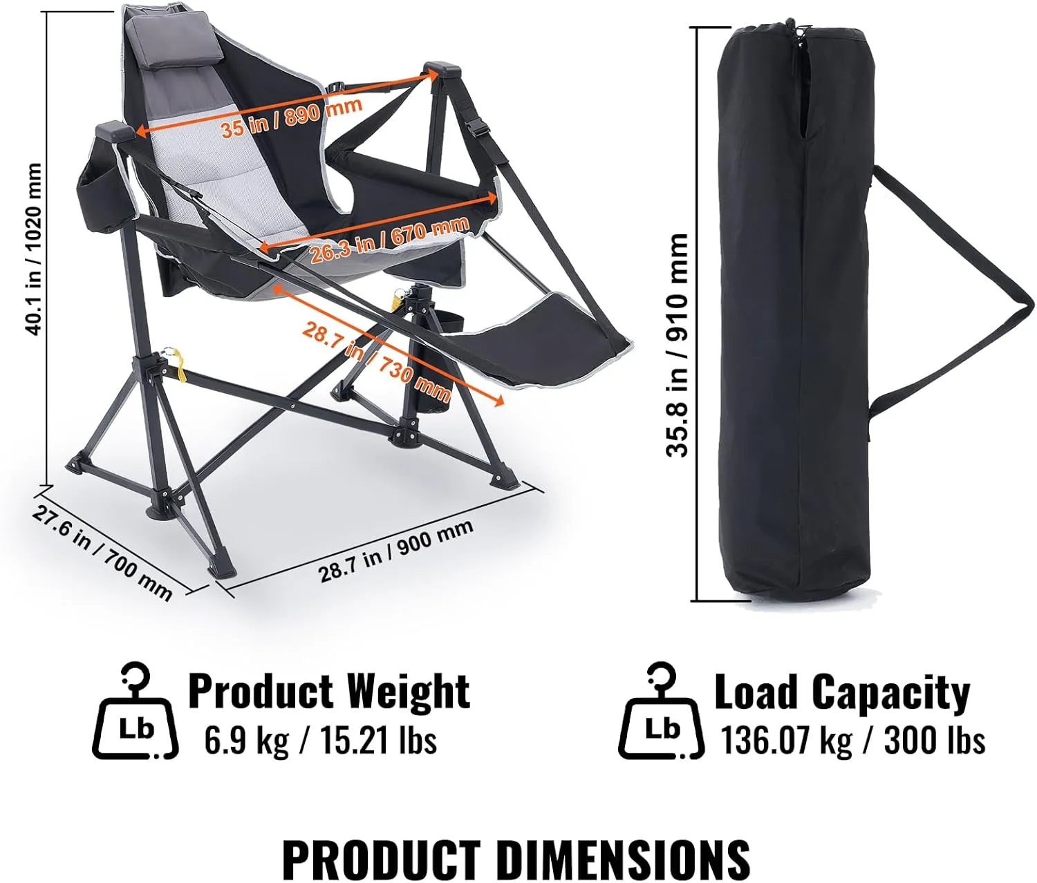 VEVOR Reclining Camping Chair, 300 lbs Load Camping Hammock Chair, Rocking Lounge Folding Chair with Footrest, Storage Bag, Headrest & Adjustable Backrest, for Camping and Other Outdoor Activities
