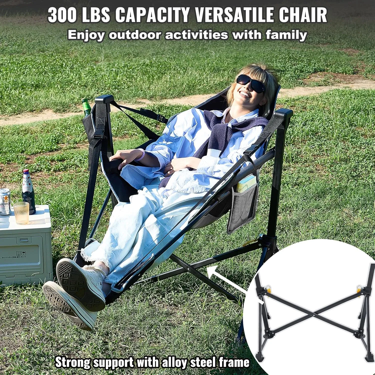 VEVOR Reclining Camping Chair, 300 lbs Load Camping Hammock Chair, Rocking Lounge Folding Chair with Footrest, Storage Bag, Headrest & Adjustable Backrest, for Camping and Other Outdoor Activities