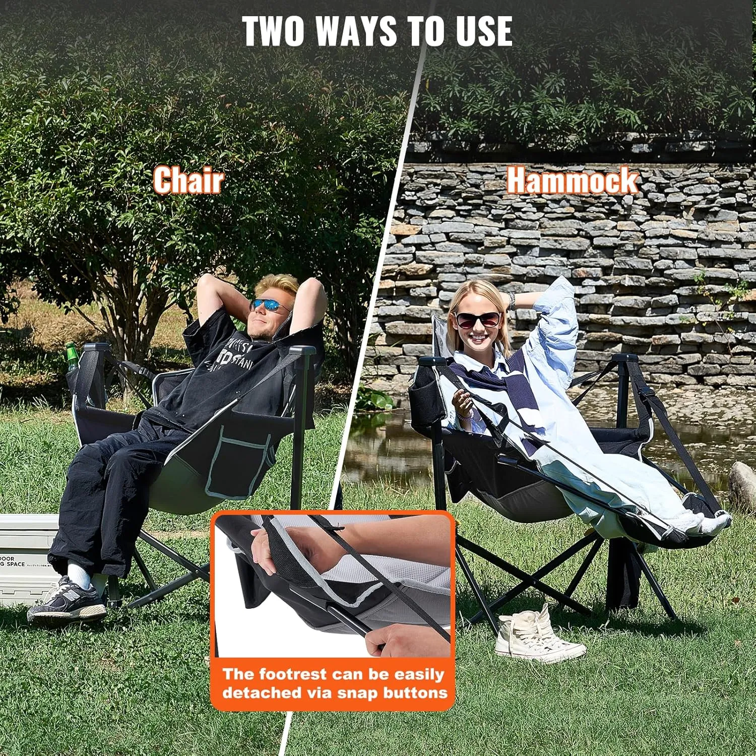 VEVOR Reclining Camping Chair, 300 lbs Load Camping Hammock Chair, Rocking Lounge Folding Chair with Footrest, Storage Bag, Headrest & Adjustable Backrest, for Camping and Other Outdoor Activities